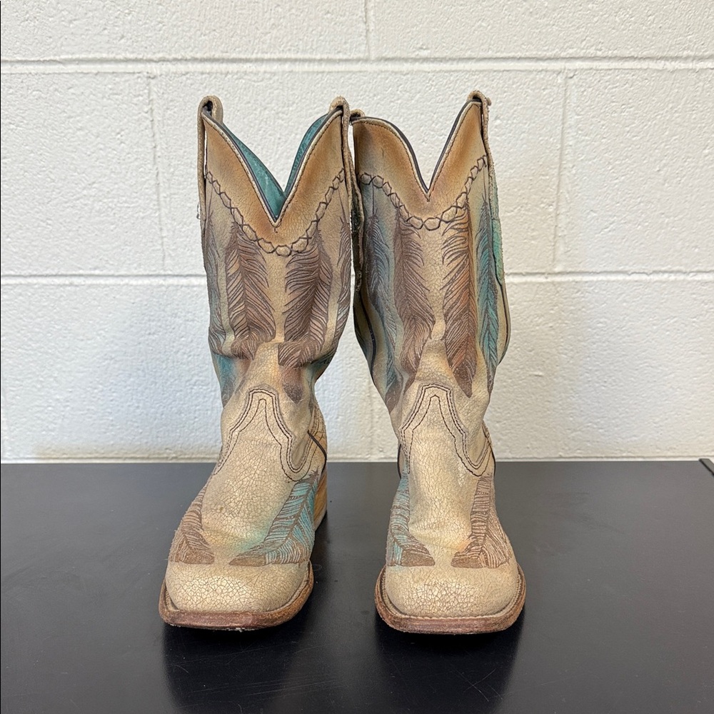 Corral Tan and Teal Feather Western Boots